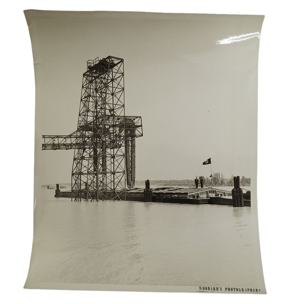 Vintage 50s 60s River Barge Loaded Crane Conveyor Black White Photo Photograph